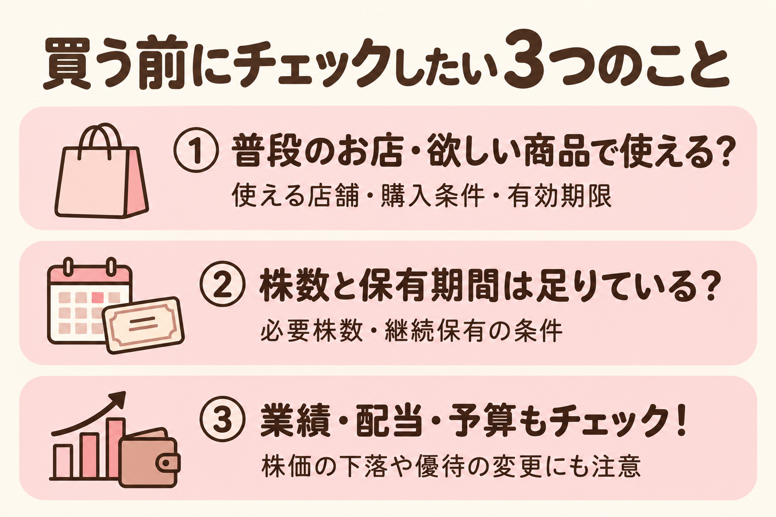 買う前の3つの確認：普段のお店や商品で使えるか（店舗・購入条件・有効期限）、必要株数と継続保有の条件、業績・配当・予算と株価下落や優待変更の可能性。