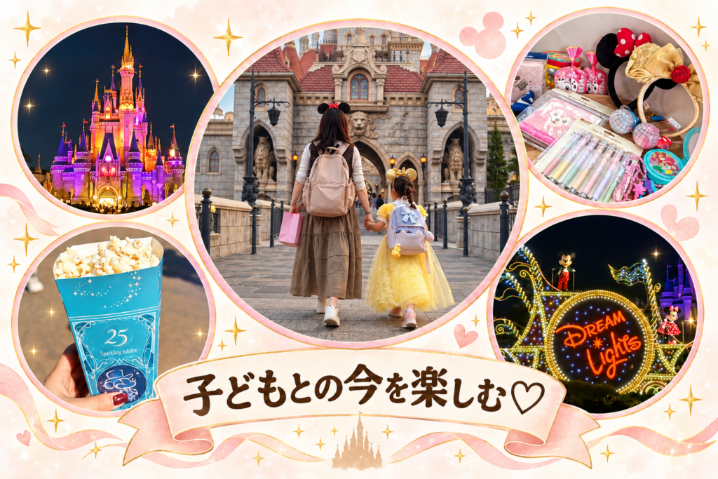 母と子が手をつないでお城へ向かう後ろ姿をメインに、ディズニーの思い出を丸いフレームにまとめた写真コラージュ
