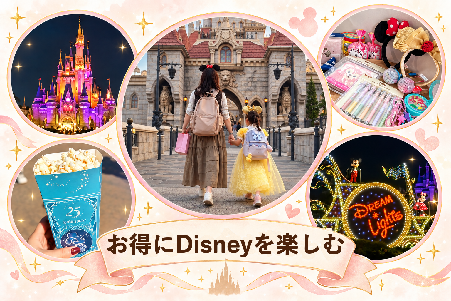 母と子が手をつないでお城へ向かう後ろ姿をメインに、ディズニーの思い出を丸いフレームにまとめた写真コラージュ